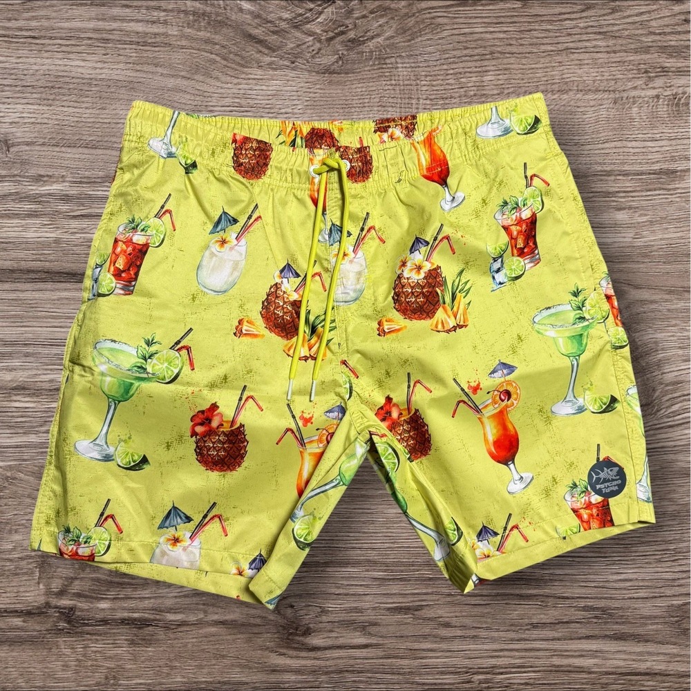 Psycho Tuna Swim Trunks Board Pool Shorts Mens X Large Tropical Cocktails Yellow